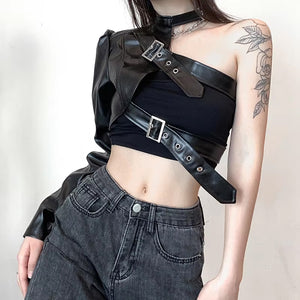 Long Sleeve One Shoulder Leather Belt Crop Tops