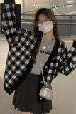 Long Sleeve Chessboard Plaid Knitted Cardigan Sweater
