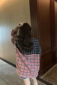 Black and Pink Colors Combination Plaid Blouse Shirt