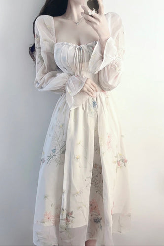 Long Sleeve French Style Elegant Floral Dress