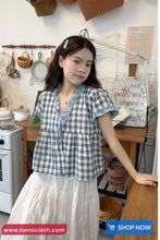 Short Sleeve Retro V-Neck Plaid Blouse Shirt
