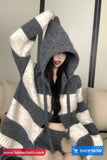 Long Sleeve Lace Tie Hooded Striped Sweater