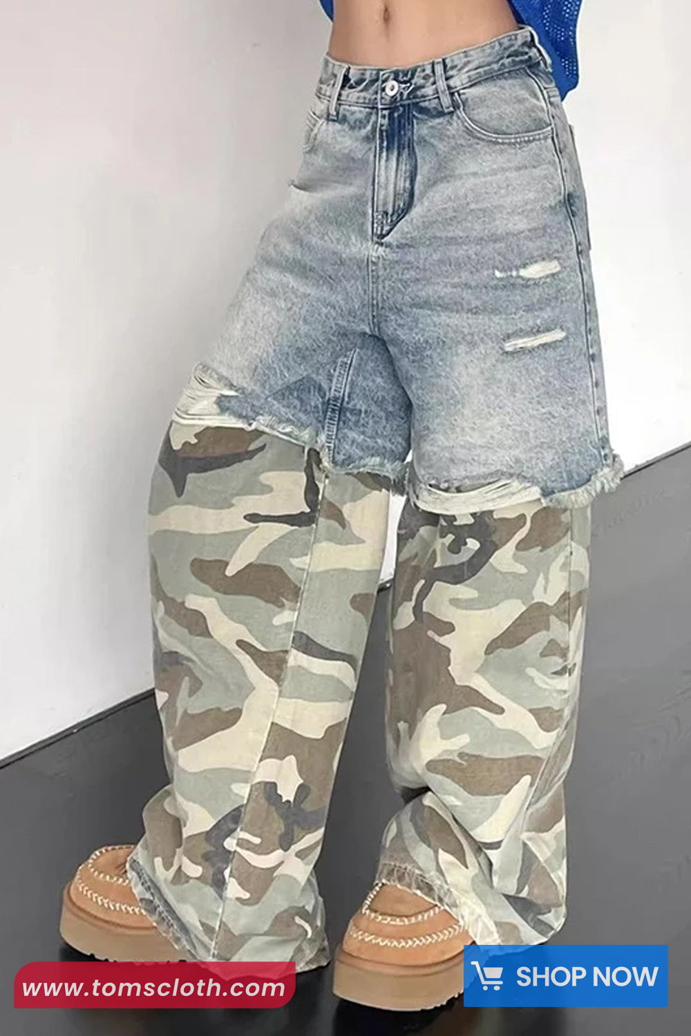 High Waist Camouflage Stitched Jeans Pants