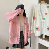 Long Sleeve V-Neck 3D Strawberry Knitted Cardigan Sweater