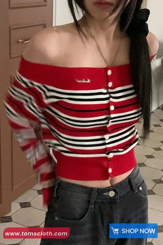 Long Sleeve Sexy Cropped Slash Neck Striped Sweater