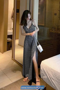 Sexy V-Neck Backless Retro Long Striped Dress