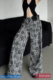 High Waist Roses Full Pattern Denim Pants