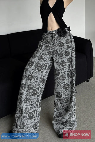 High Waist Roses Full Pattern Denim Pants