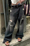 Retro Striped Hole Washed Black Denim Jeans Pants