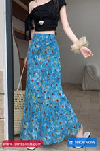 High Waist Blue Floral Pattern Mermaid Long Skirts