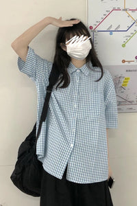 Short Sleeve Plaid Light Colors Blouse Shirt