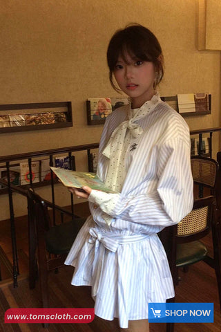 Long Sleeve Cute Bow Striped A-Line Dress