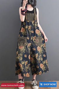Loose Vintage Flowers Pattern Denim Jumpsuit