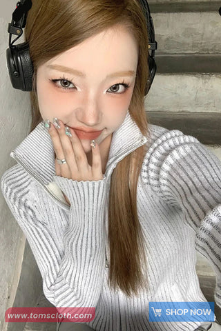 Long Sleeve Turn Down Collar Striped Cropped Sweater