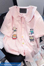 Pink Plaid Cartoon Embroidered Peter Pan Collar Blouse Shirt