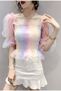 Puff Sleeve Square Collar Mesh Gradient Shirts