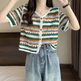 V-Neck Button Up Striped Embroidery Crochet Shirt