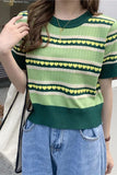 Short Sleeve Loves Pattern Knitted Green Shirt
