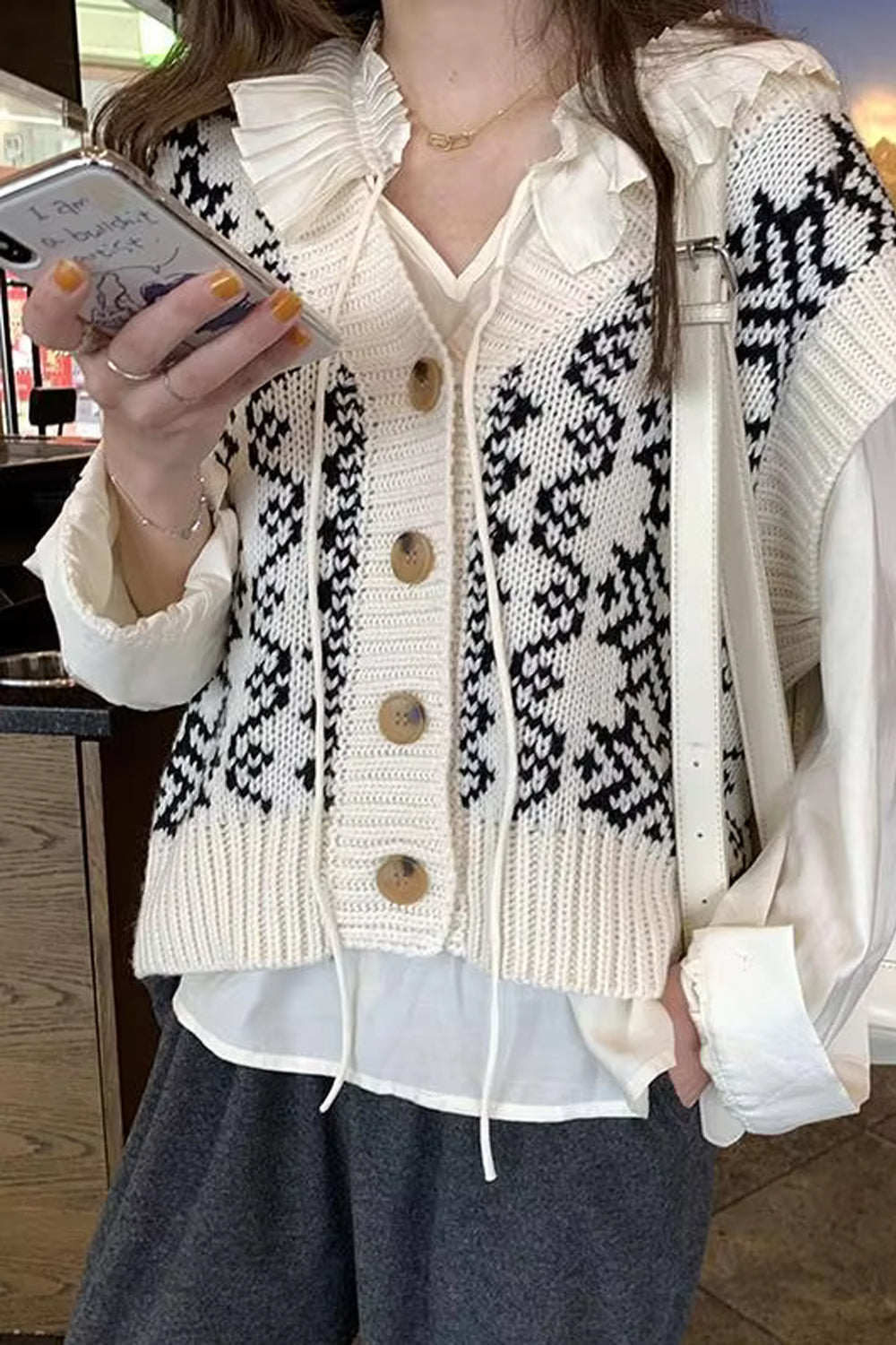 V-Neck Pattern Beige Vest Sweater