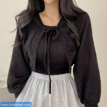 Lantern Sleeve Lace Up Knitted Cropped Cardigan