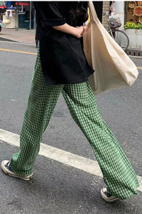 Loose Casual Green Plaid Long Pants