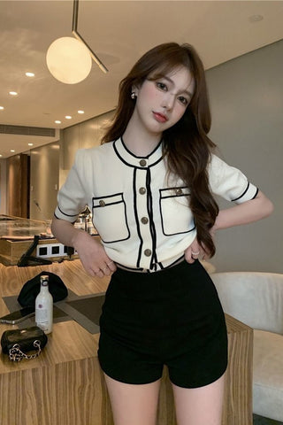 Short Sleeve Panelled Cropped Slim Shirt