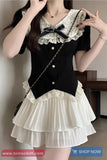 Short Sleeve Vintage Cute Bow Lace Patchwork Elegant Slim Shirt