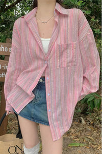 Long Sleeve Light Pink Striped Blouse Shirt