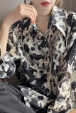 Long Sleeve Turn Down Collar Retro Pattern Blouse Shirt
