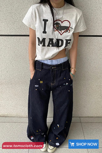 High Waist Cool Pattern Embroidered Jeans Pants