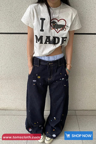 High Waist Cool Pattern Embroidered Jeans Pants