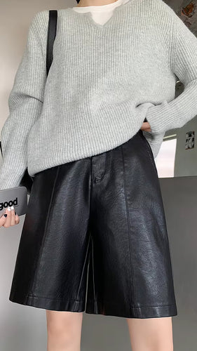 High Waist Loose Pocket Leather Shorts