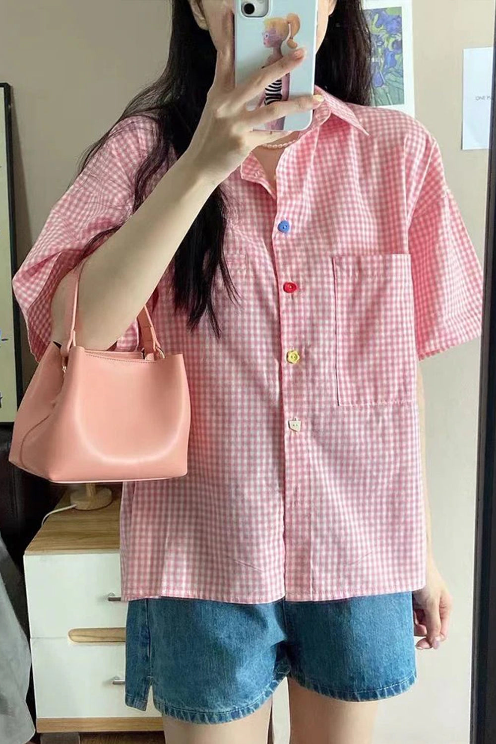 Pink Plaid Cute Button Colors Blouse Shirt