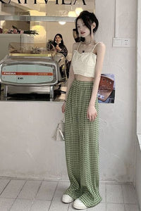 High Waist Plaid Pleated Long Pants