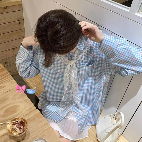 Long Sleeve Retro Lace Shawl Plaid Blouse Shirt
