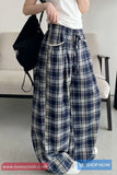 Loose Wide Leg Retro Blue Plaid Pattern Pants