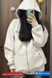 Cute Retro Pattern Embroidered Zipper Hooded Sweater