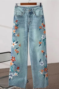 Retro Flowers Embroidered Long Jeans Pants