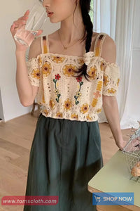 Flower Embroidered Off Shoulder Crochet Knitted Shirt