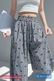 Elastic Waist Bow Pattern Plaid Pants