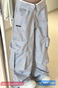 Loose Stars Pattern Striped Cargo Pockets Pants