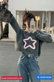 Long Sleeve 3D Star Pattern V-Neck Cropped Sweater