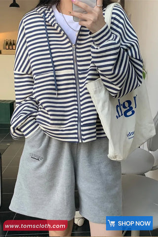 Long Sleeve Striped Hooded Zipper Cardigan