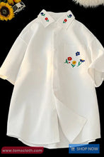 Short Sleeve Flower Embroidered Collar Blouse Shirt