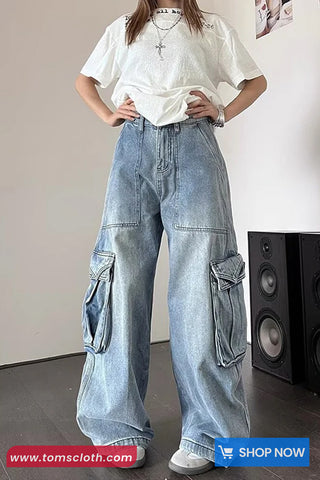 High Waist Retro Loose Cargo Pockets Jeans Pants