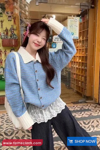 Long Sleeve Turn Down Collar Knitted Stripe Sweater
