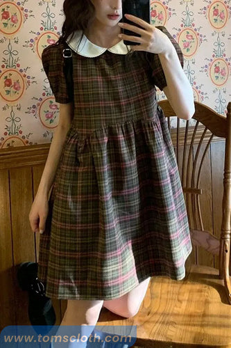 Sweet Doll Collar Puff Sleeve Plaid Dress