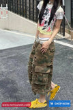 High Waist Camouflage Pattern Cargo Ripped Pants