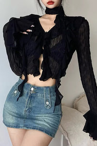 Long Sleeve Grunge Style Lace Cropped Shirt