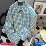 Long Sleeve Retro Blue Plaid Blouse Shirt
